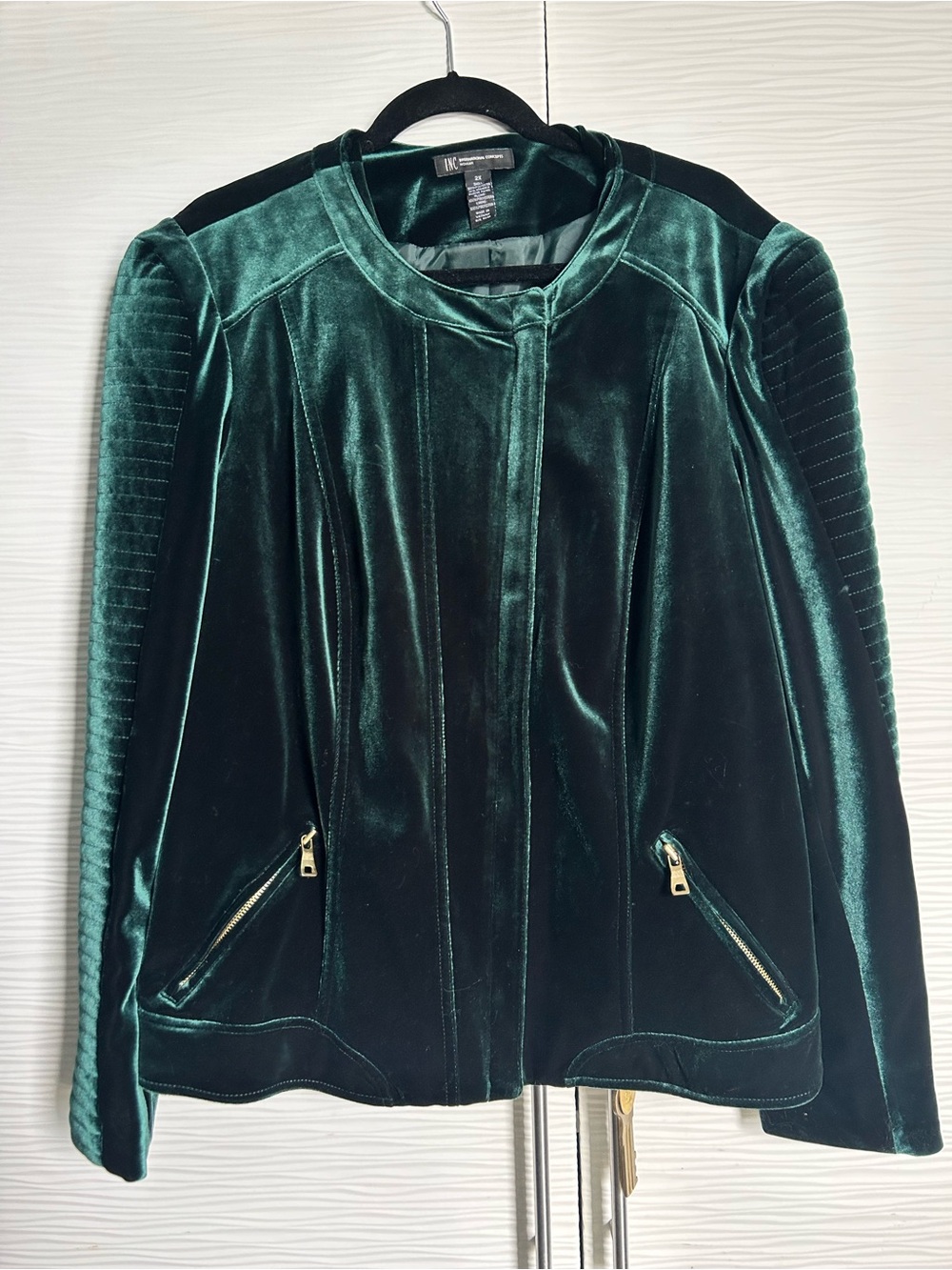 INC International Concepts Emerald Green Velvet Bomber Jacket with Gold Zippers